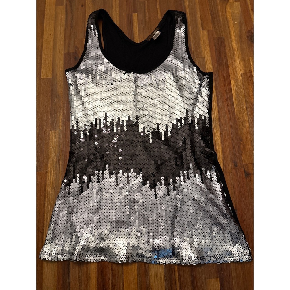 Mon Ami Sequin Tank Top Womens Medium Silver Black Excellent Ombre Sleeveless